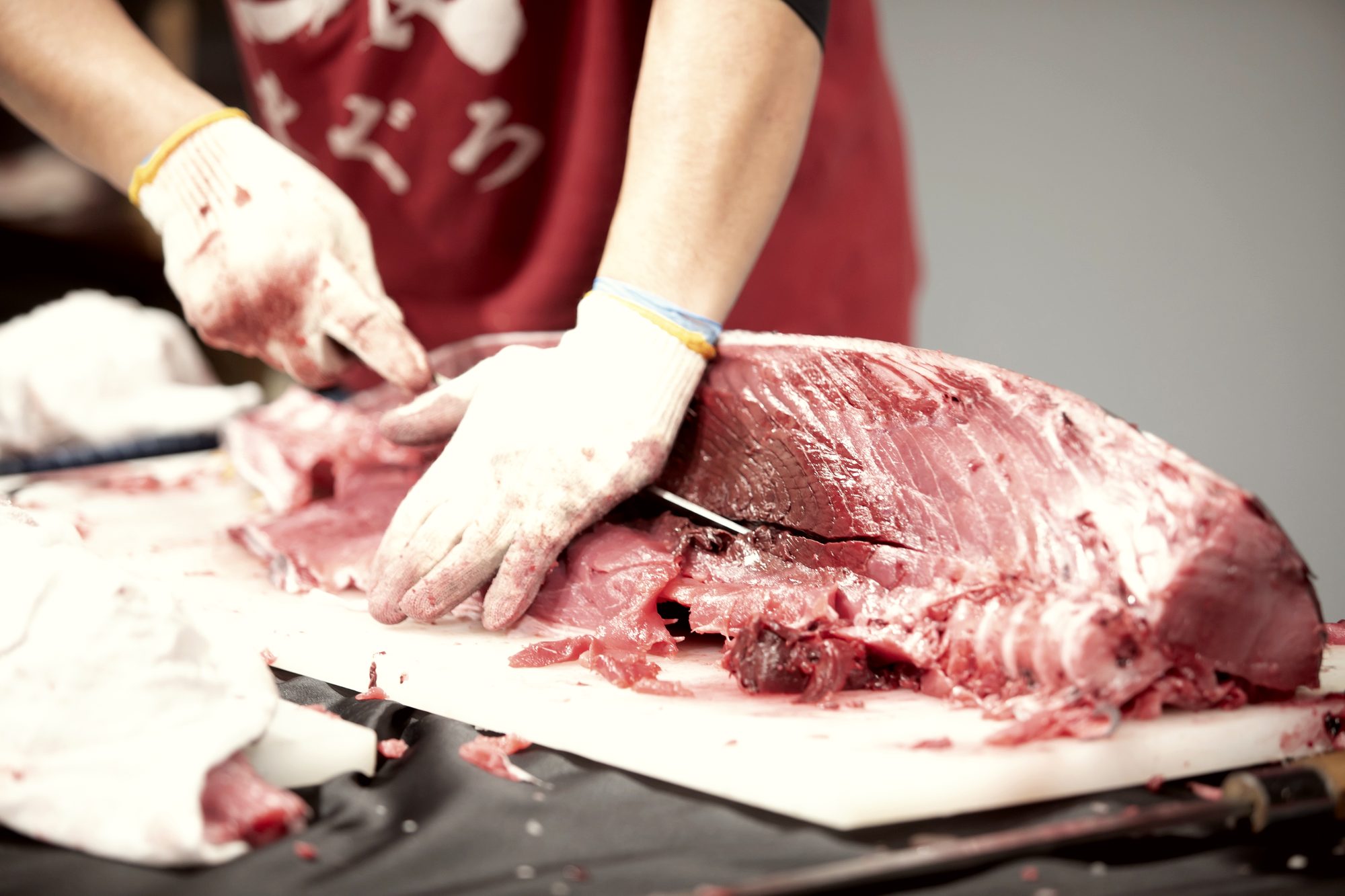 A tuna master reveals the deep-red loin of a freshly broken-down tuna